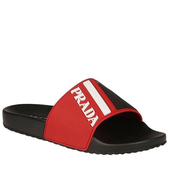 PRADA Sport Men's Black & Red Rubber White Logo Sandal Slides Size 10 - Picture 2 of 12